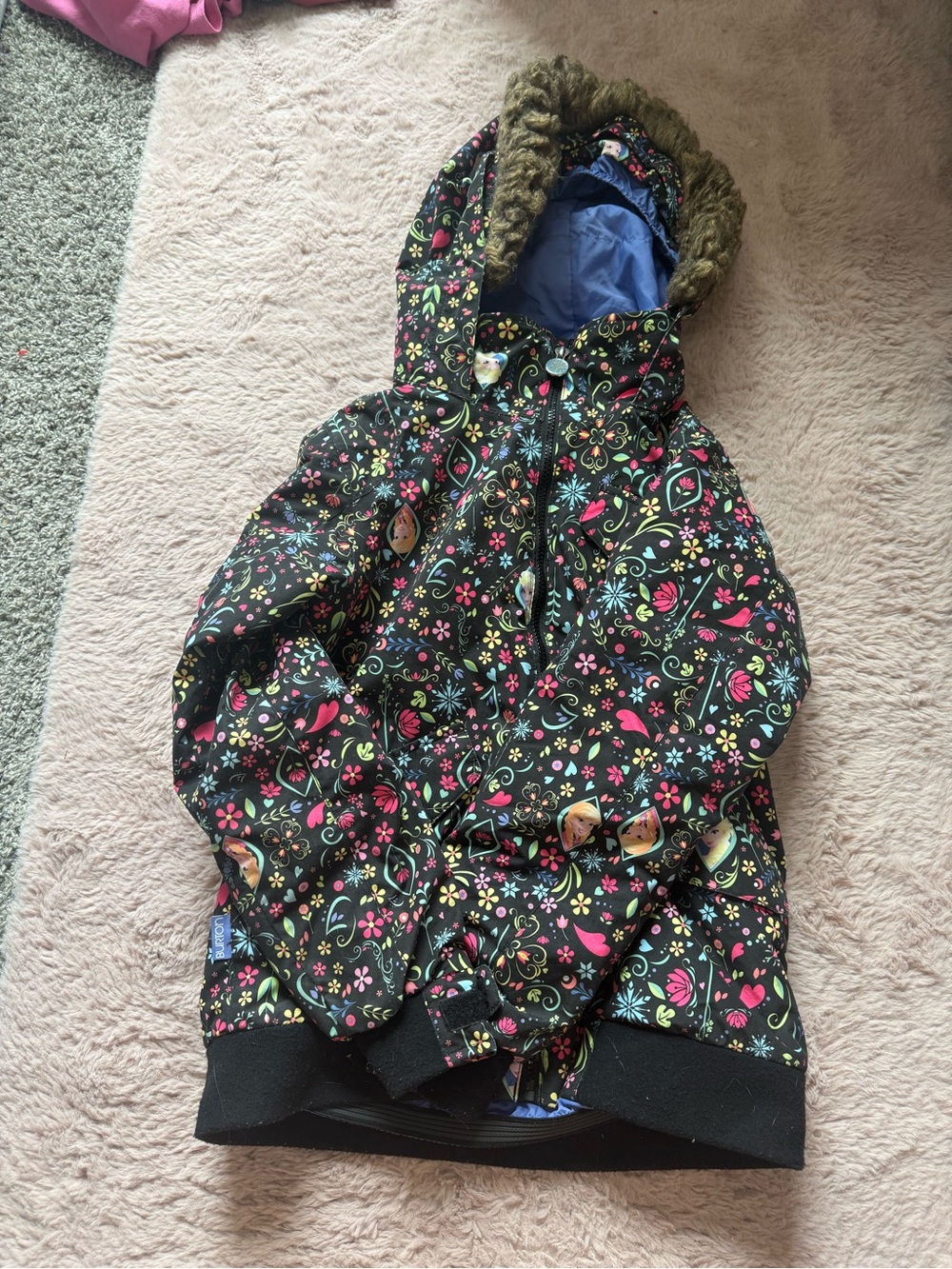 Burton Black Floral Hooded Puffer Jacket with Faux Fur Trim
